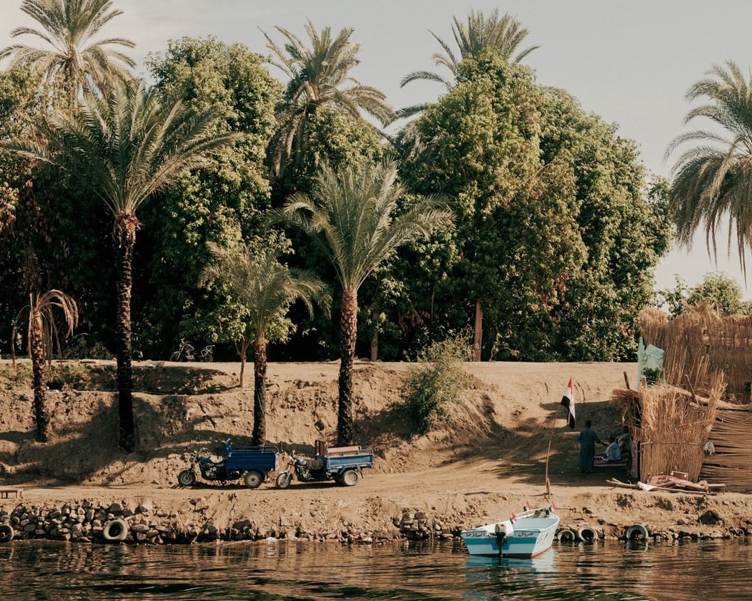 Scenic landscape featuring palm trees, boats, and figures near a thatched structure along the tranquil water's edge in a serene outdoor setting.