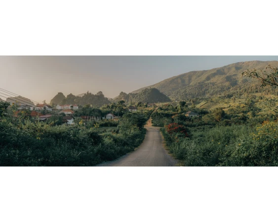 Scenic view of a rural road leading through lush greenery towards a village nestled between rolling hills and distant mountains.