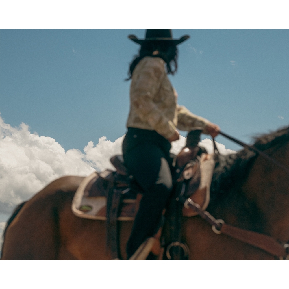 Woman rides a brown horse in an open field under a blue sky with puffy white clouds; she wears a cowboy hat and blouse.