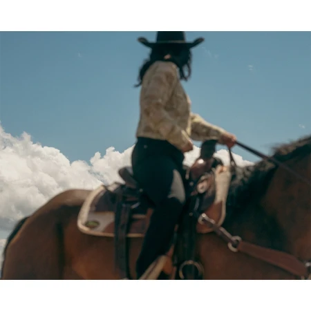 Woman rides a brown horse in an open field under a blue sky with puffy white clouds; she wears a cowboy hat and blouse.