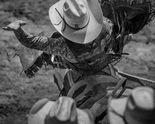 Monochromatic high-angle shot of a rodeo cowboy on horseback. The rider wears a cowboy hat, vest, and chaps, silhouetted against the arena.