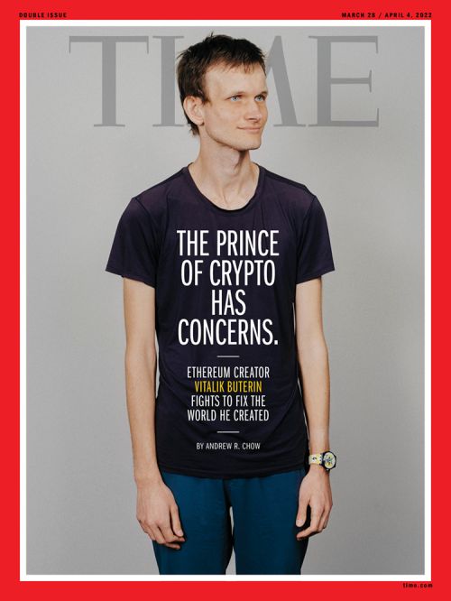 Magazine cover featuring Vitalik Buterin wearing a t-shirt with text, against a gray background with a red border for a bold, modern look.