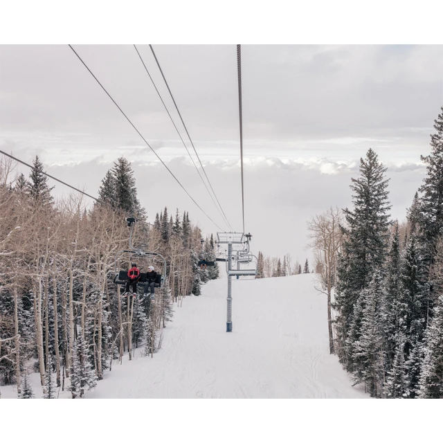 Ski lift ascends snowy mountain slope with evergreen trees under an overcast sky in a winter outdoor scene.
