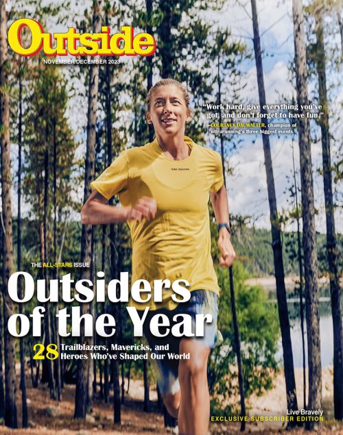 Magazine cover featuring a woman running on a trail with tall trees, promoting healthy lifestyle and outdoor activities.