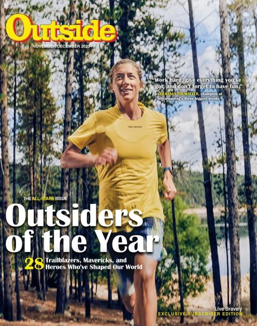Magazine cover featuring a woman running on a trail with tall trees, promoting healthy lifestyle and outdoor activities.
