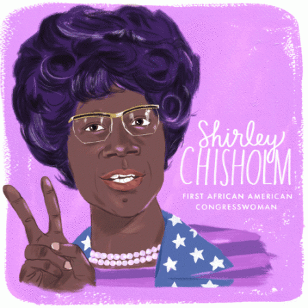 Portrait illustration of Shirley Chisholm with purple hair and glasses making a peace sign against a textured purple background