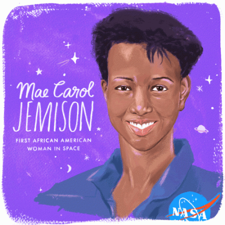 Illustration of Mae Carol Jemison, the first African American woman in space, smiling in her NASA jumpsuit against a purple starfield.
