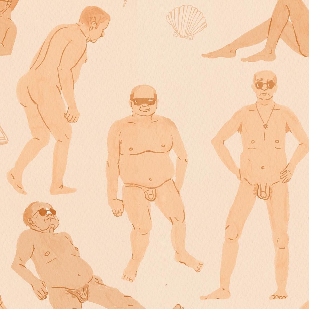 Illustration with nude men figures in various poses, wearing sunglasses, bathing suits, and accessories, with seashell background.