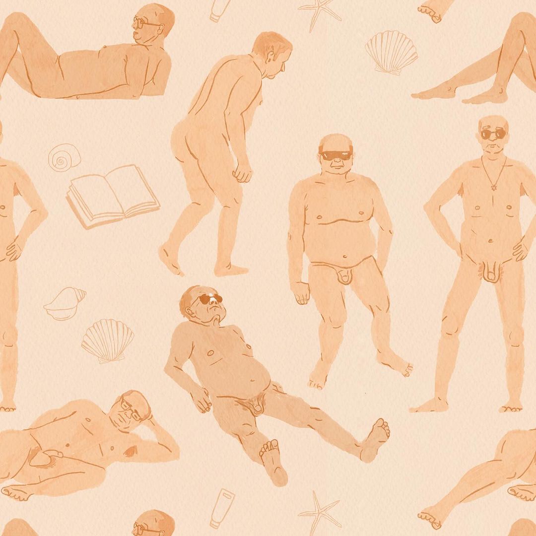 Illustration of nude senior men with sunglasses, some lying down and some standing, with shells, starfish and lotion on sand-colored background.