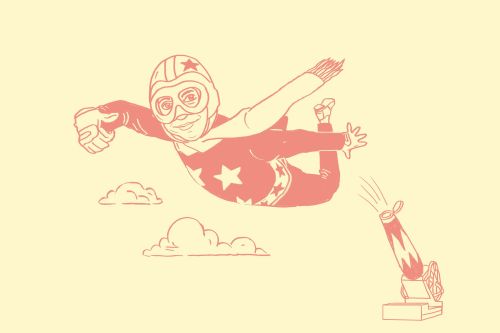 Illustration of a vintage-style superhero character being launched from a cannon, set against a soft yellow background with cloud details.