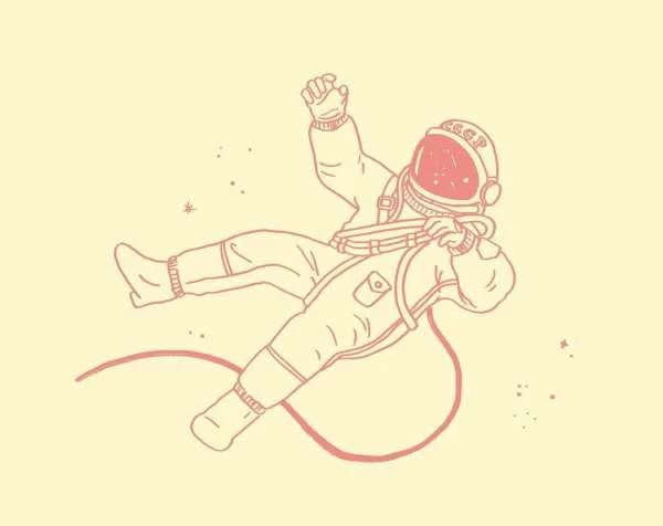 Illustration of a person in a space suit floating on a yellow background with a red accent and CCCP text on their helmet.