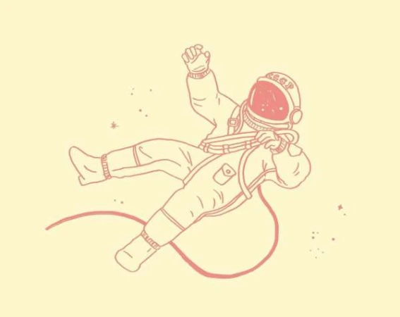 Illustration of a person in a space suit floating on a yellow background with a red accent and CCCP text on their helmet.
