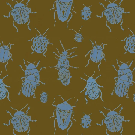 Seamless pattern of blue insect drawings on a brown background, creating a natural and artistic repeat design.