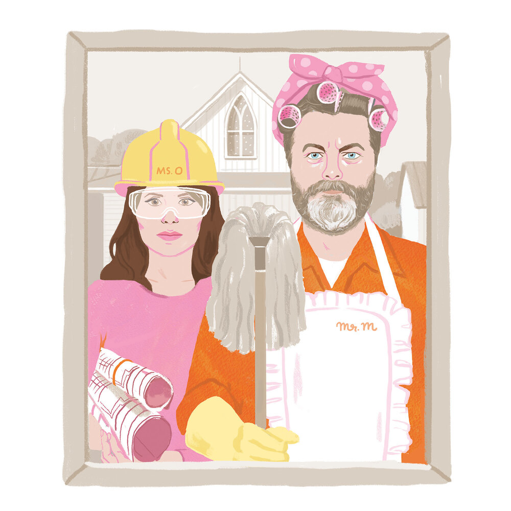 Illustration of a woman wearing a hardhat and a man in an apron and hair curlers, standing in front of a house with a window frame.