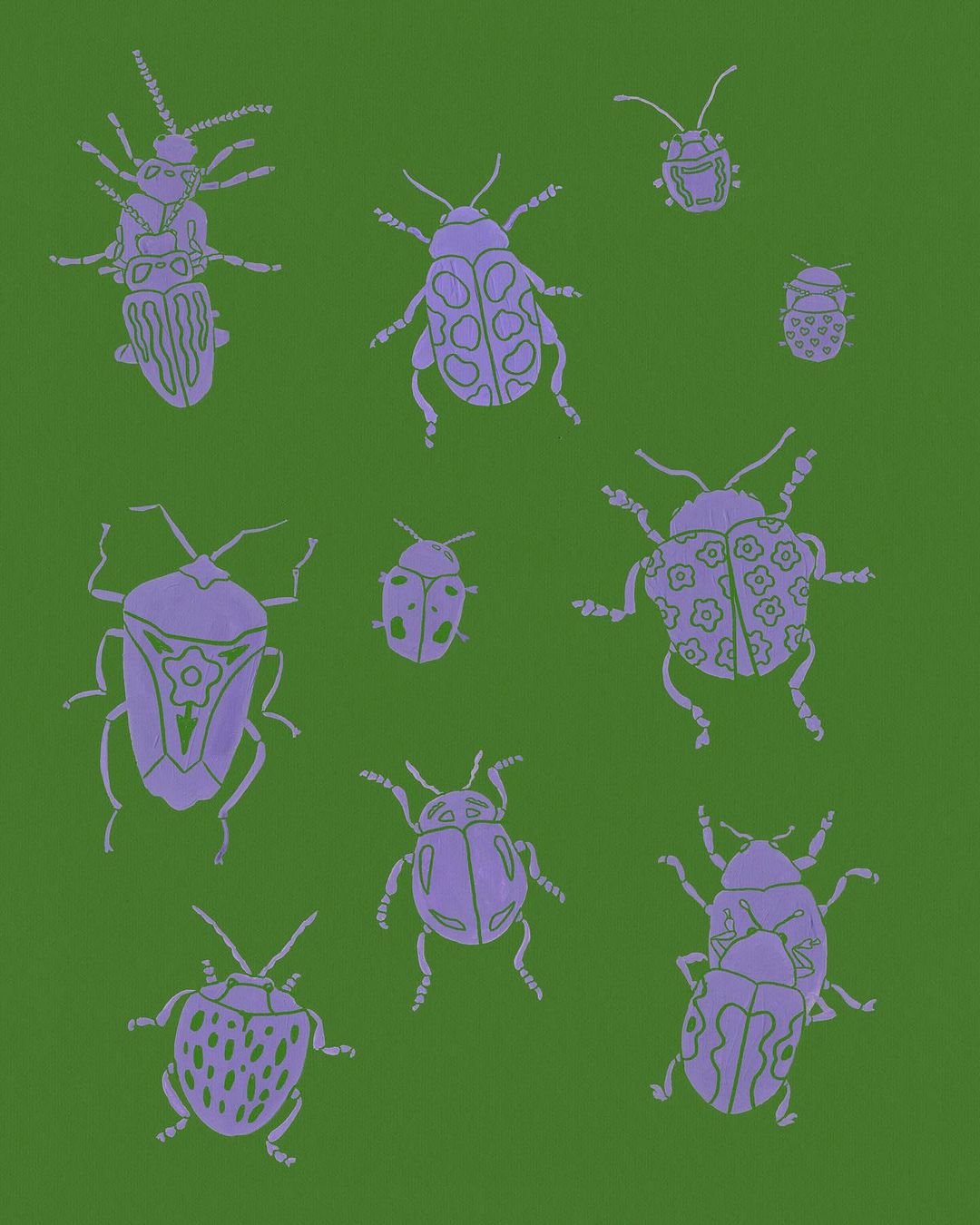 Illustration featuring a pattern of stylized insects in lilac against a green background, creating a visually striking design.