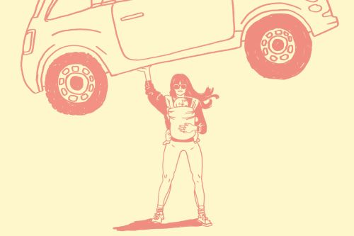 Illustration of a woman holding a car overhead while baby wearing. Graphic style. Pink car and woman on pale yellow background.