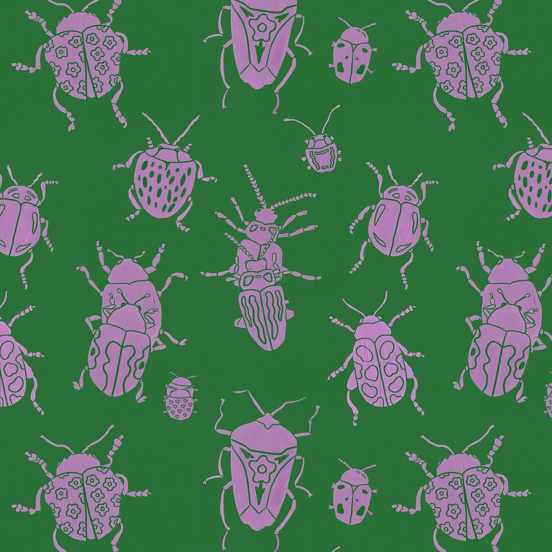Seamless pattern of purple line-art beetles on a green background. Decorative insects, textile pattern, entomology illustration.