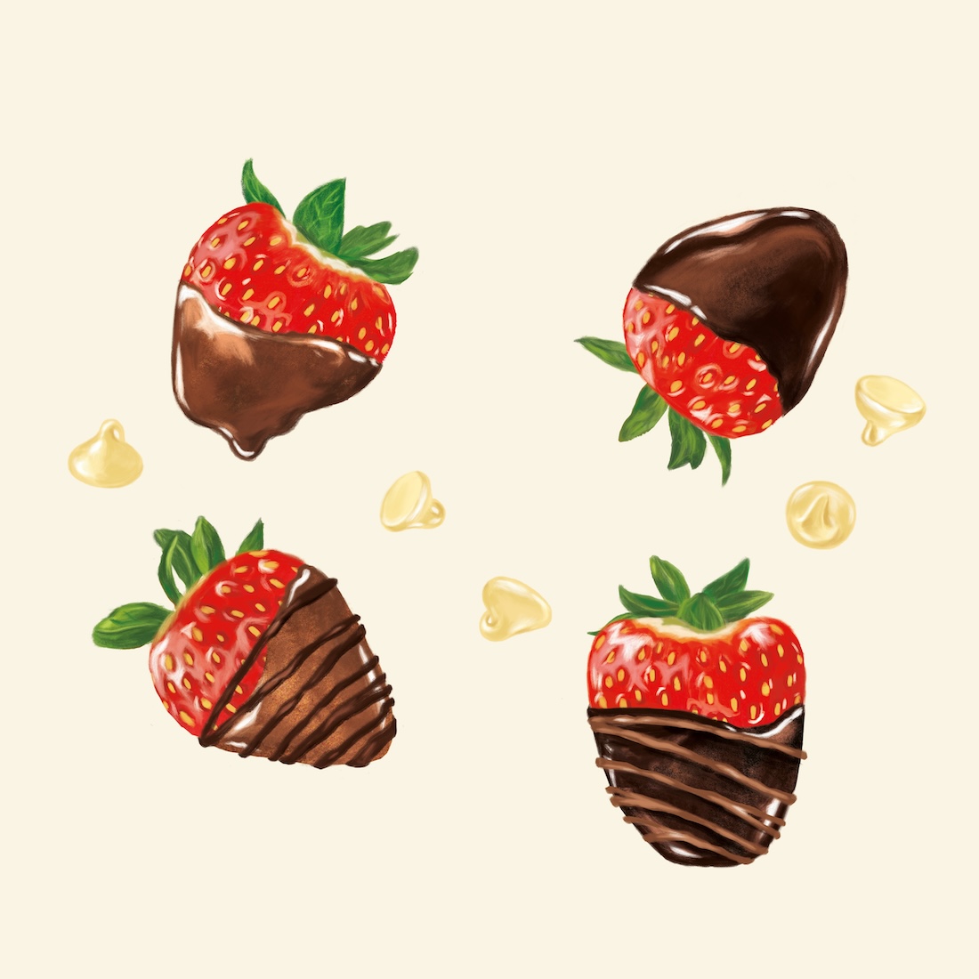 Four chocolate-covered strawberries scattered with white chocolate chips on a neutral background, in a colourful illustration style.