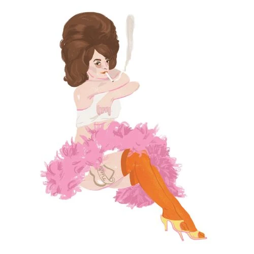 Illustration of a woman with a bouffant and cigarette wearing a boa, thigh high boots, and heels against a white background.