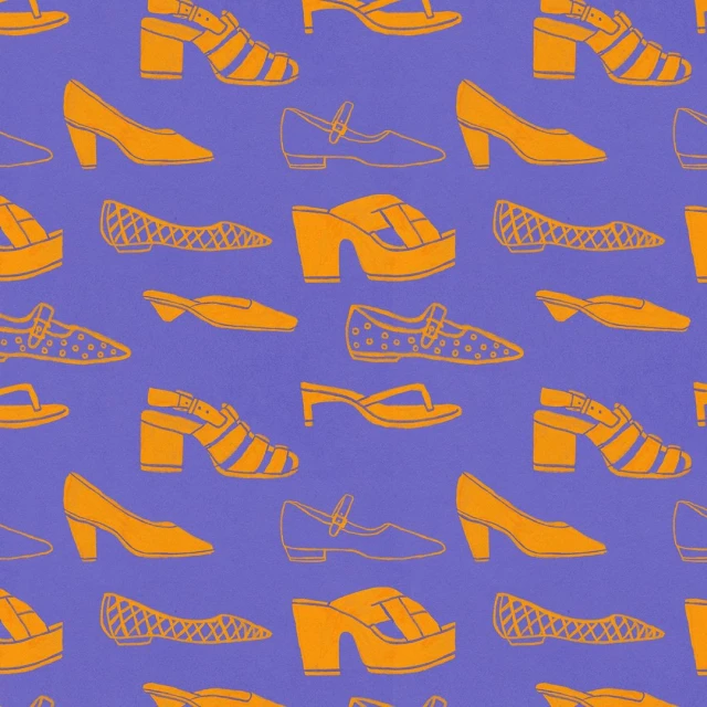 Seamless pattern featuring a variety of women's shoe styles in orange against a blue-violet background, creating a retro-inspired, graphic design.