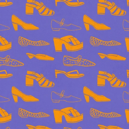 Seamless pattern featuring a variety of women's shoe styles in orange against a blue-violet background, creating a retro-inspired, graphic design.