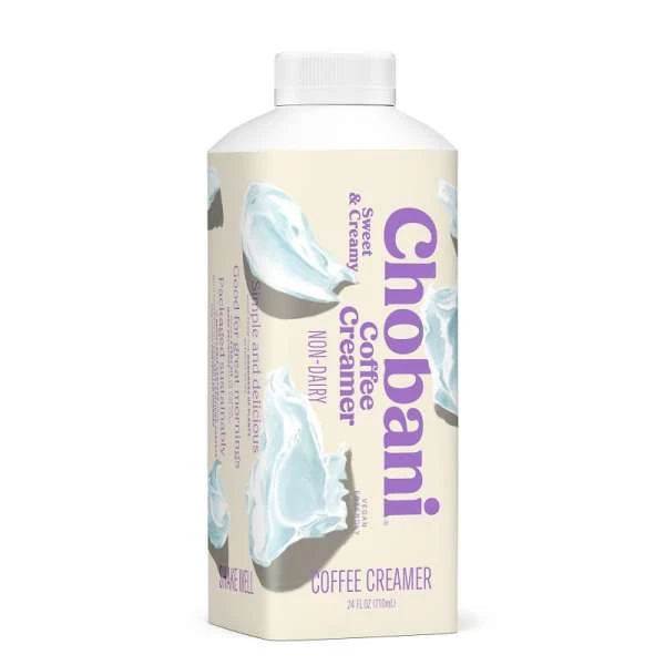 Chobani non-dairy coffee creamer in a 24 fl oz container, featuring product name, flavour text, and imagery of white cream swirls.