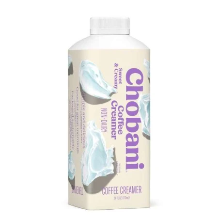 Chobani non-dairy coffee creamer in a 24 fl oz container, featuring product name, flavour text, and imagery of white cream swirls.