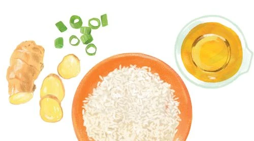 Illustration of a bowl of rice with ginger, green onions, and oil, showcased with a clear, artful composition on a white surface.
