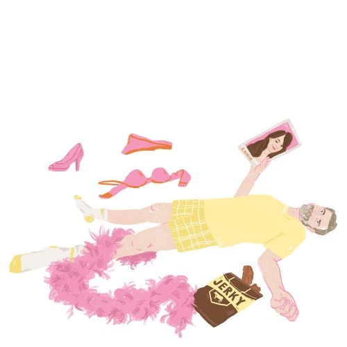 Man with beard lies on floor surrounded by pink boa, heels, lingerie, beef jerky, and magazine with a woman's face on the cover.