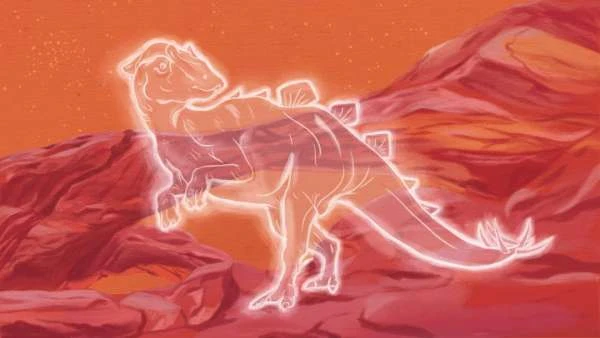 Illustration of a dinosaur against a desert landscape, rendered in red and orange tones with a glowing effect. Concept art.