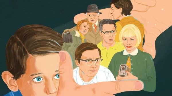 Illustration featuring a group of people in vintage clothing, with a boy's face and pointing hand in the foreground.