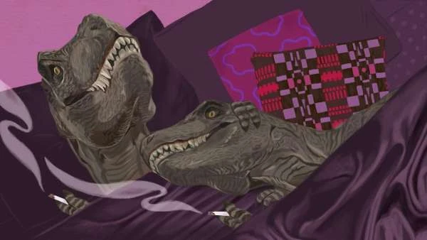 Illustration of two Tyrannosaurus Rex dinosaurs in a purple bedroom, smoking cigarettes in bed with patterned pillows. 