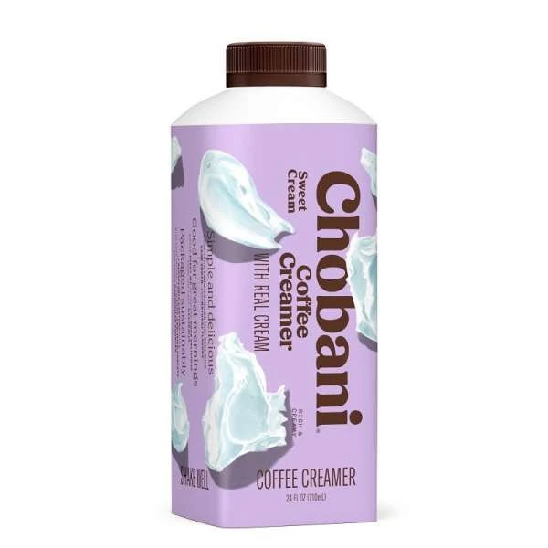 Chobani Coffee Creamer carton. Sweet Cream flavor shown on a white background with graphics and text. 