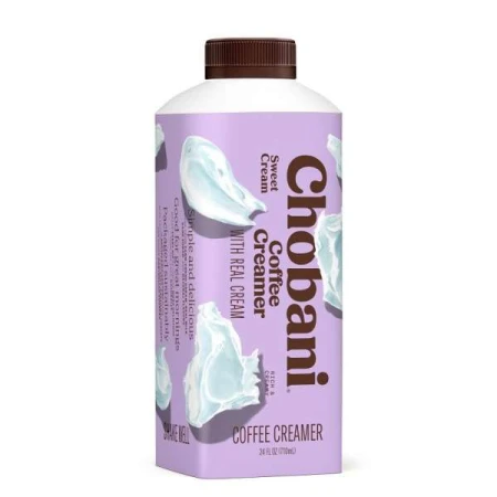 Chobani Coffee Creamer carton. Sweet Cream flavor shown on a white background with graphics and text. 