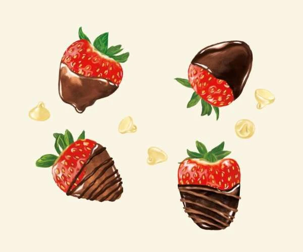 Watercolor painting of four strawberries, some fully and some partially dipped in chocolate, with small drops of white chocolate.