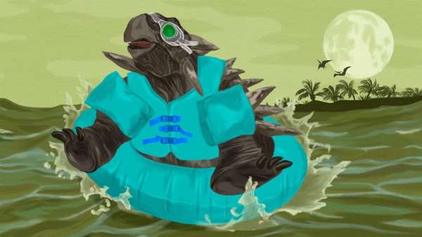 Cartoon turtle character floating in water with an inner tube, rendered in a painterly style against a tropical backdrop and full moon.