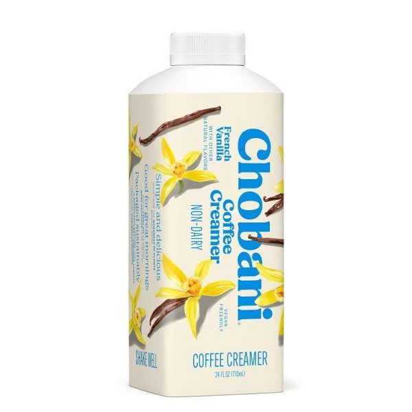 Carton of Chobani French Vanilla coffee creamer on a white background, showing floral design and product information.