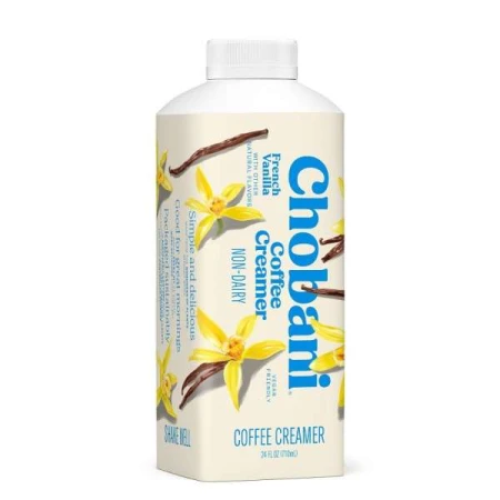 Carton of Chobani French Vanilla coffee creamer on a white background, showing floral design and product information.