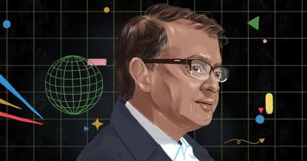 Digital illustration portrait of a man wearing glasses against a dark gridded background with geometric elements.