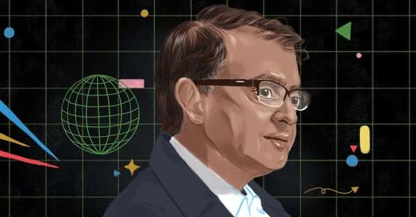 Digital illustration portrait of a man wearing glasses against a dark gridded background with geometric elements.
