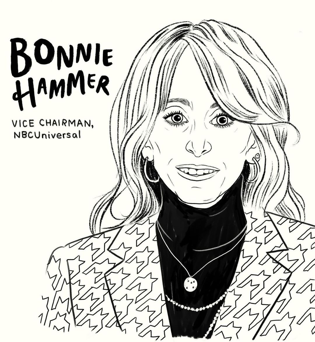 Illustration of Bonnie Hammer, Vice Chairman of NBCUniversal, wearing a patterned blazer and necklace, with hand-lettered text.