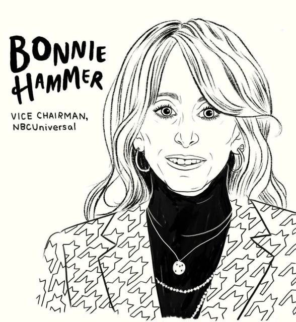 Illustration of Bonnie Hammer, Vice Chairman of NBCUniversal, wearing a patterned blazer and necklace, with hand-lettered text.