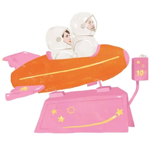 Illustration of an orange rocket ride with a man and woman wearing astronaut helmets, set against a plain white background.