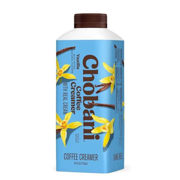 Chobani vanilla coffee creamer bottle with floral design and vanilla bean, isolated on a white backdrop, product photography.