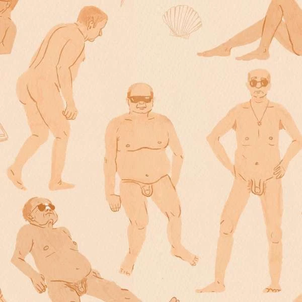 Illustration of nude men in various poses on a peach background with scattered seashells and legs. Figurative art with beach theme.
