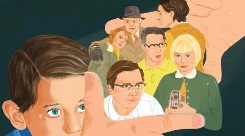 Illustration showing boy in foreground pointing, with a group of people including a woman holding a camera in the background.