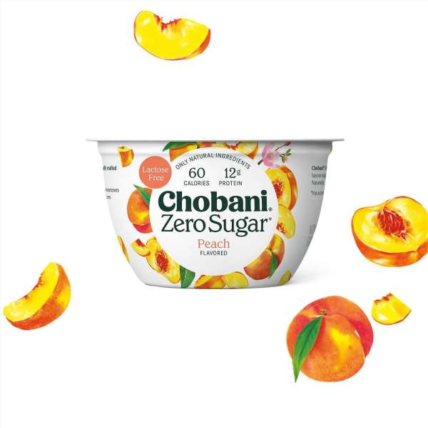 Chobani Zero Sugar Peach yogurt container on a white background, surrounded by illustrated peach slices, highlighting its lactose-free content.