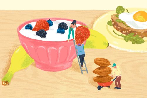 Illustration of three people working together to prepare a healthy breakfast of yogurt with berries and a fried egg on toast.