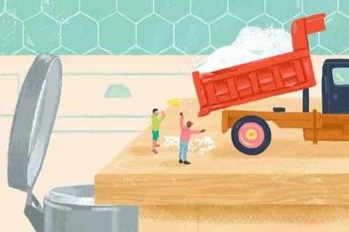 Digital illustration of two people directing a toy dump truck dumping sugar into a trash can against a kitchen background.
