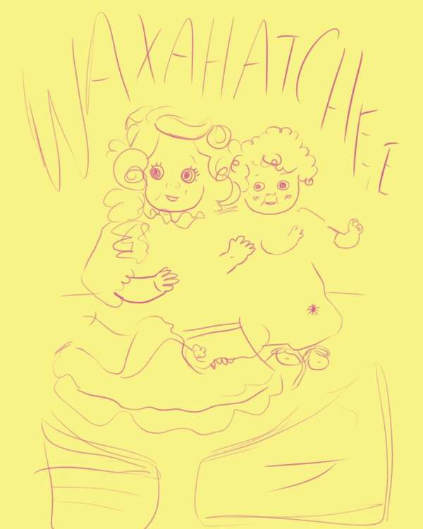 Drawing of two cartoon figures with curly hair against a yellow background with hand-written text at the top of the image.